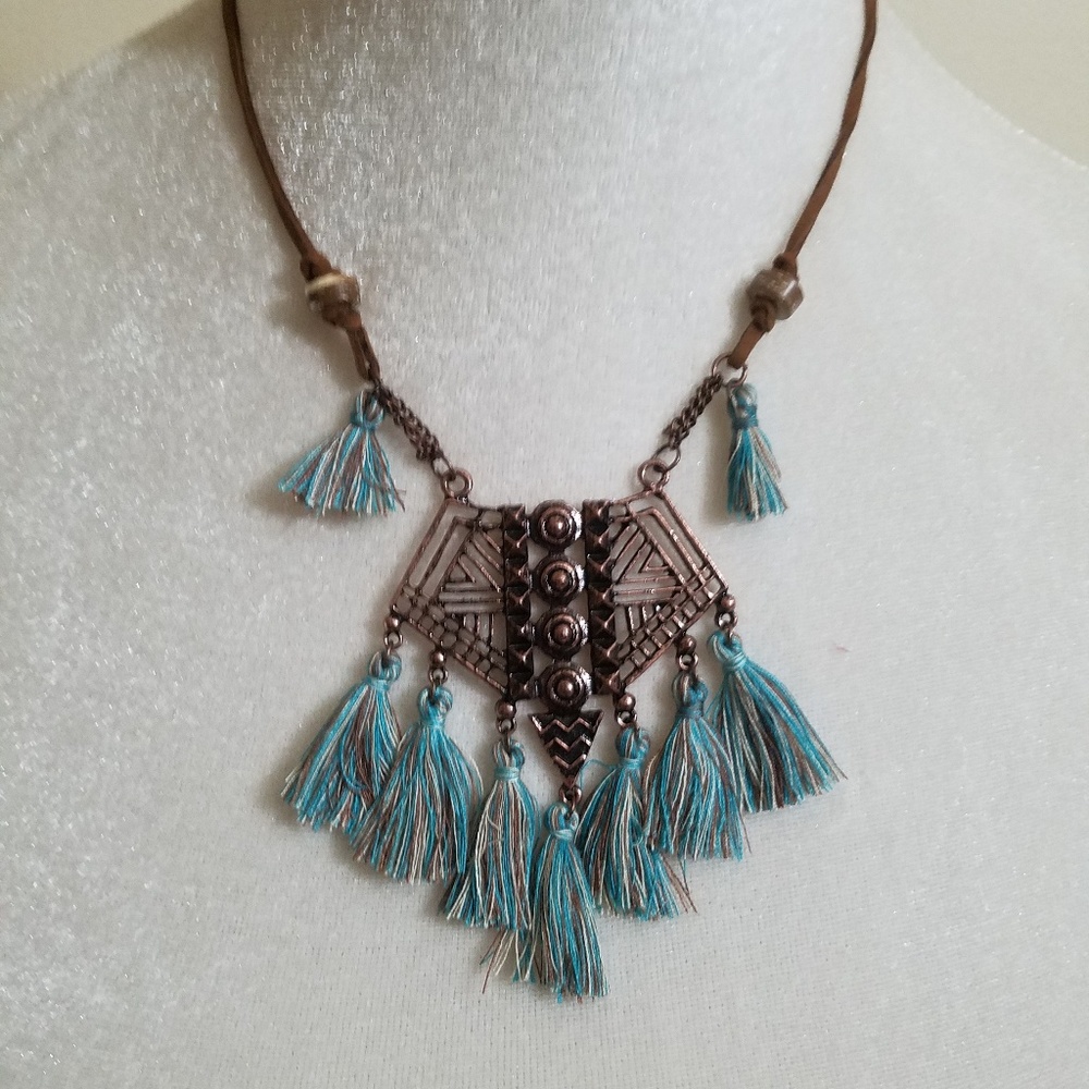 BOHO Brass Tassel Necklace with Leather Cord